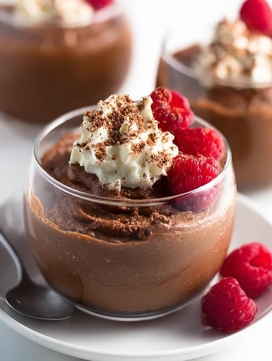 A glass of chocolate pudding with whipped cream and raspberries.