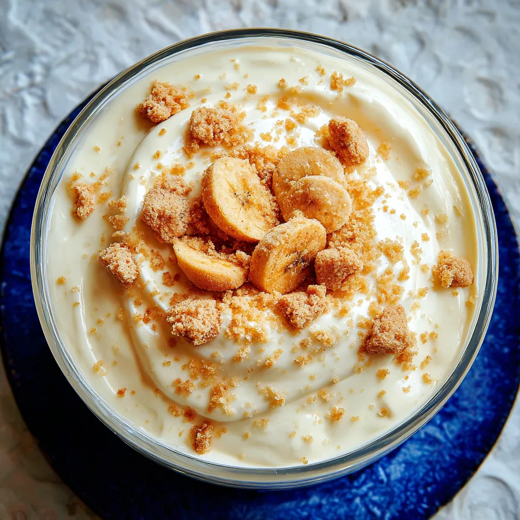 A bowl of banana pudding with crumbles on top.