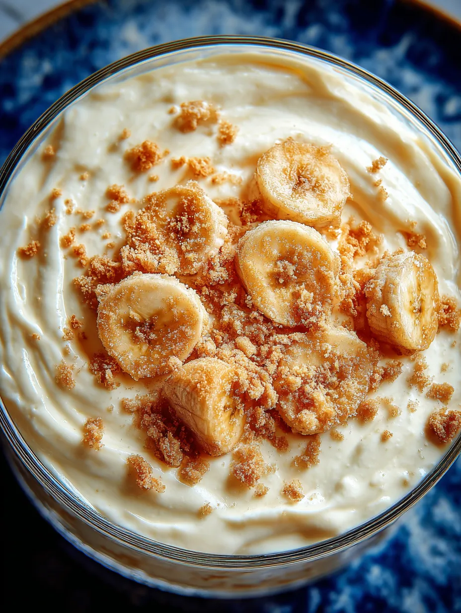 A glass of banana pudding dip with banana slices on top.