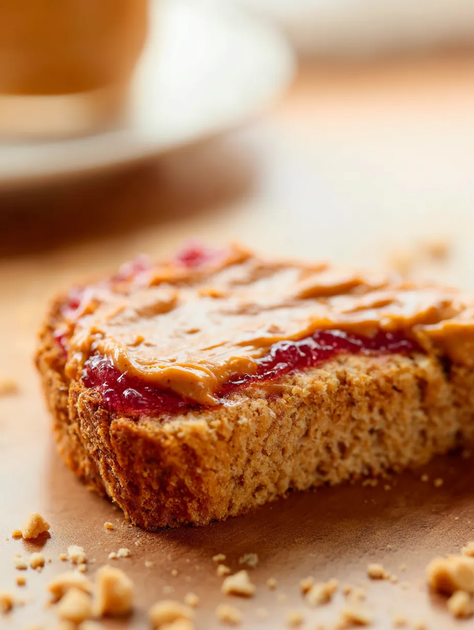 A slice of bread with peanut butter and jelly on it.
