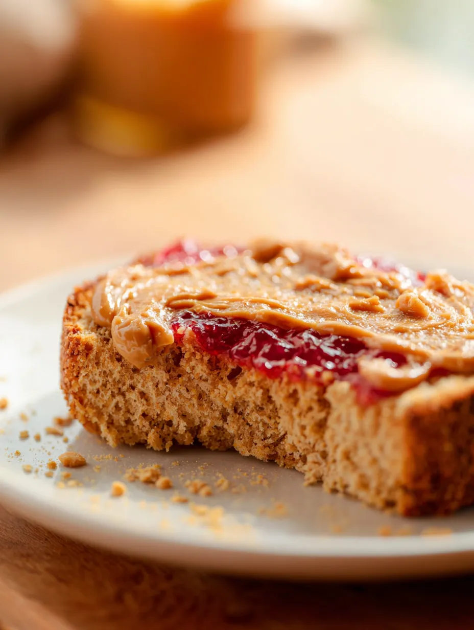 A slice of bread with peanut butter and jelly on it.