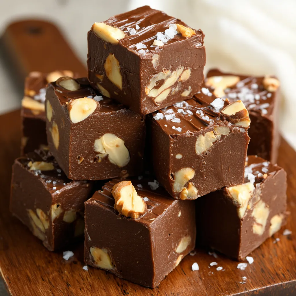 A stack of chocolate squares with nuts on top.