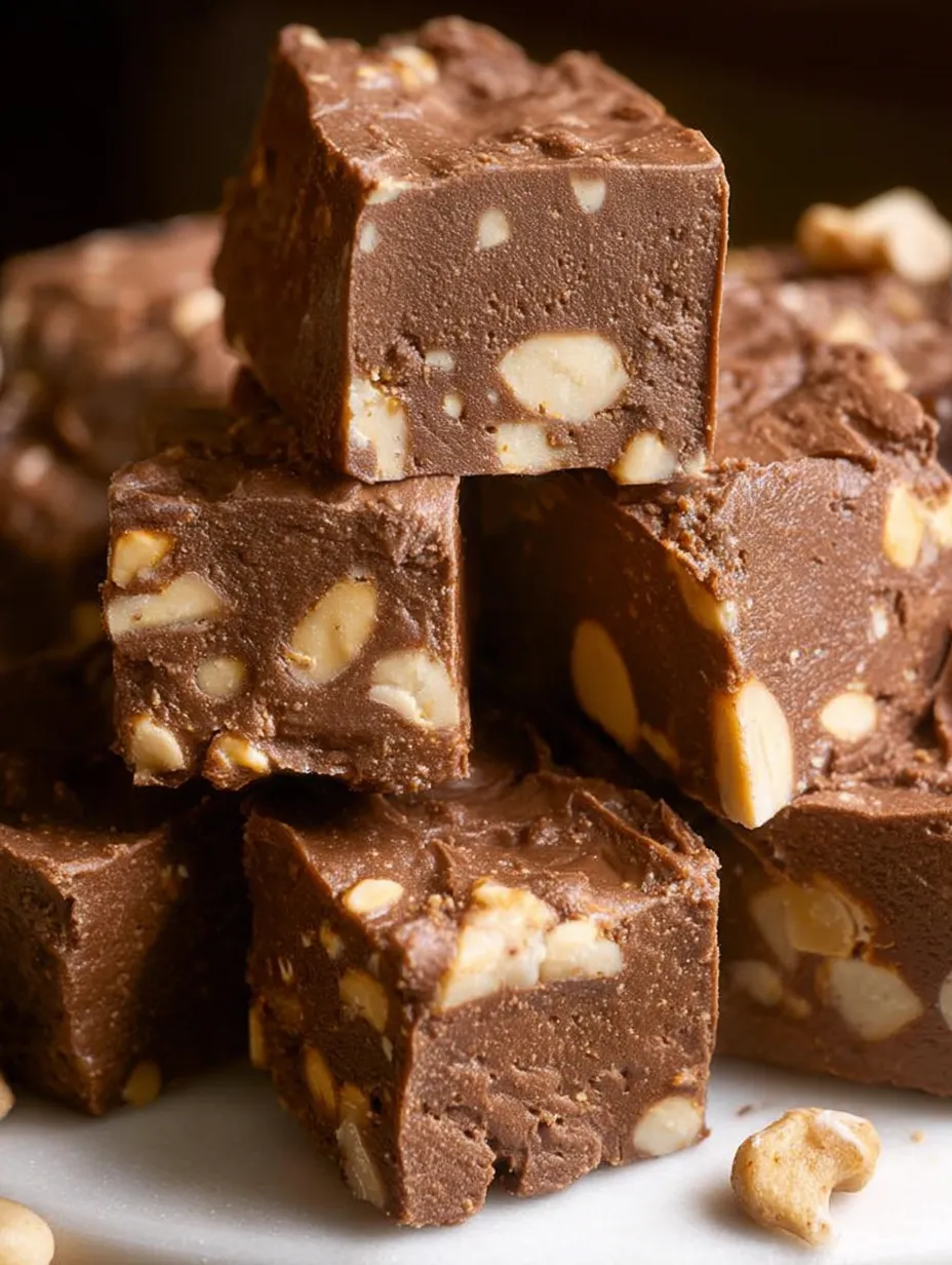 A stack of chocolate squares with nuts on top.