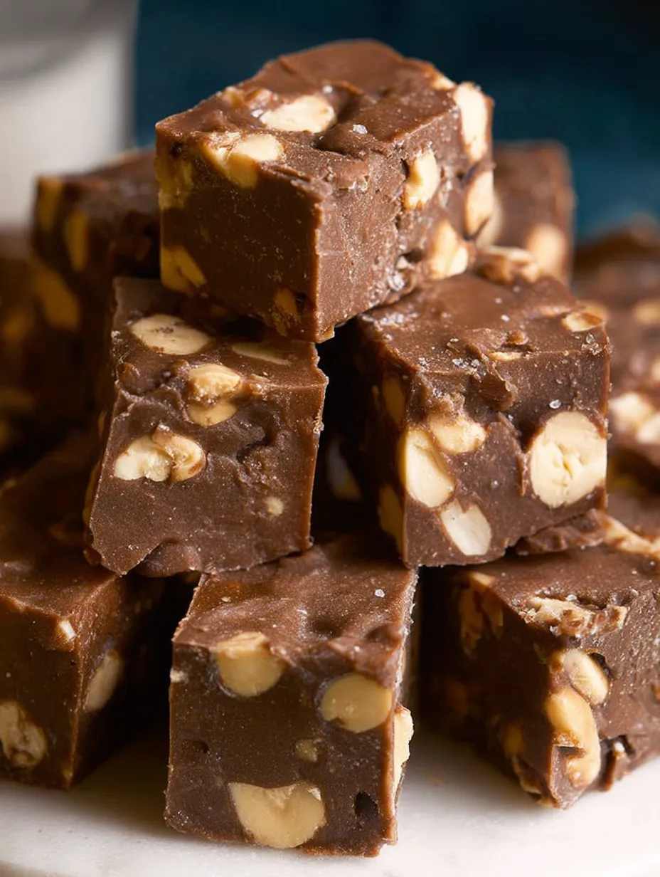 A stack of chocolate squares with nuts on top.