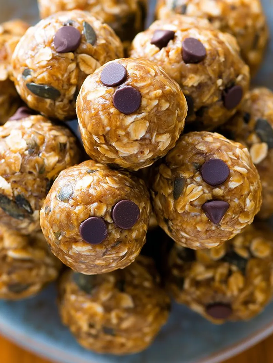 A bunch of energy balls with chocolate chips on top.