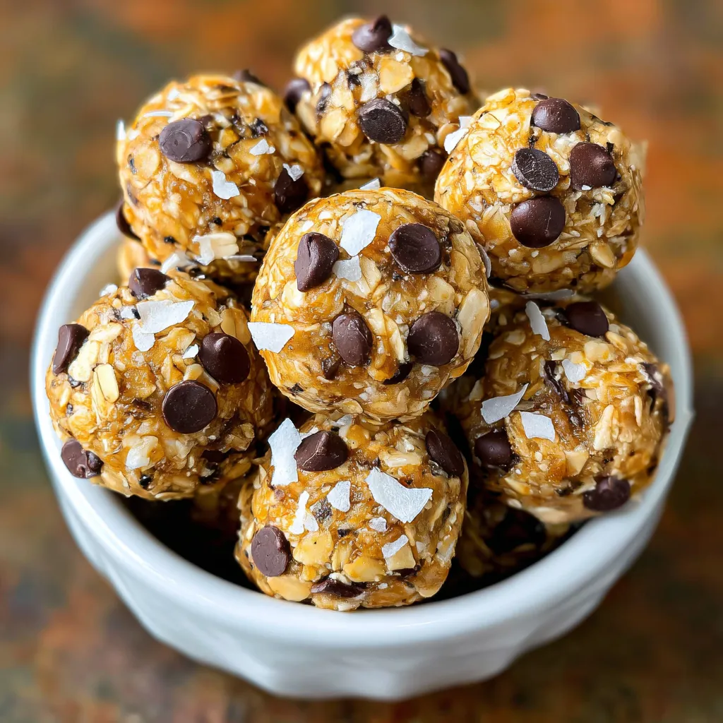 A bowl of energy balls with chocolate chips.
