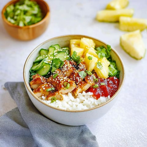 A bowl of food with chicken, pineapple, and cucumber.