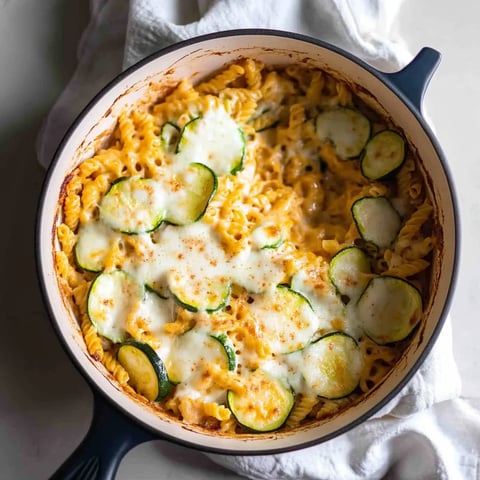 A dish of pasta with zucchini and cheese.