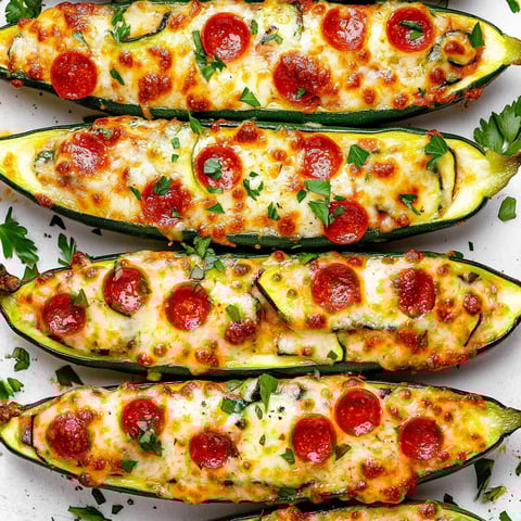 Zucchini boats with cheese and pepperoni.
