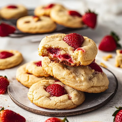A stack of cookies with strawberries on top.