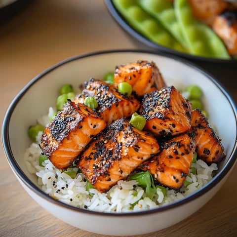A bowl of rice with salmon and black seasoning.