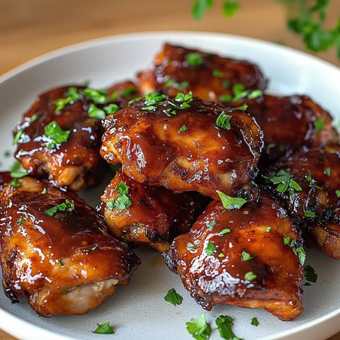 A plate of BBQ chicken thighs.