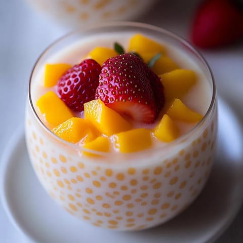 A glass of fruit with strawberries and mango.