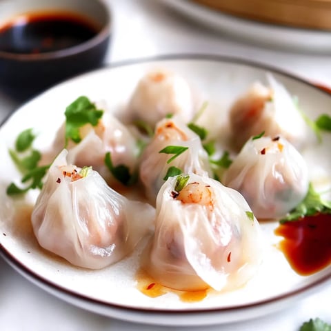 A plate of shrimp dumplings with sauce.