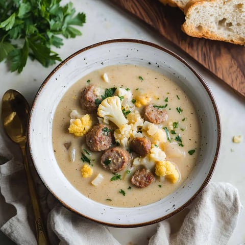 A bowl of soup with sausage and vegetables.
