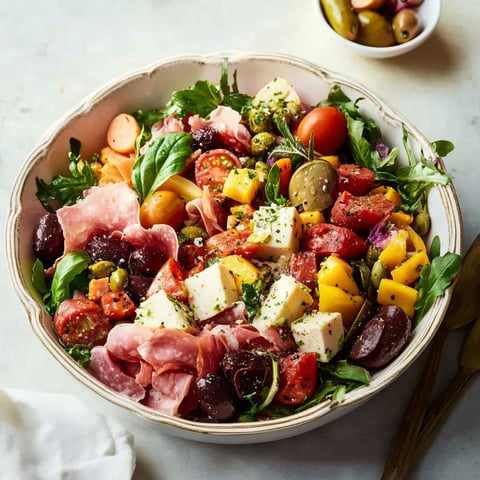 A bowl of antipasto salad with various vegetables and cheese.