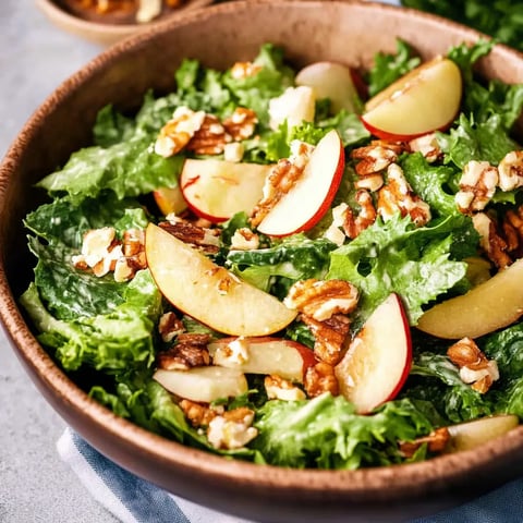 A bowl of salad with apples and walnuts.