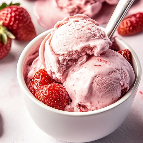A bowl of strawberry ice cream with a spoon in it.
