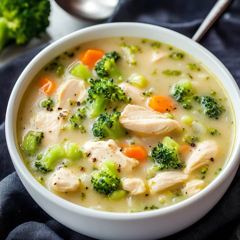 A bowl of soup with chicken and broccoli.