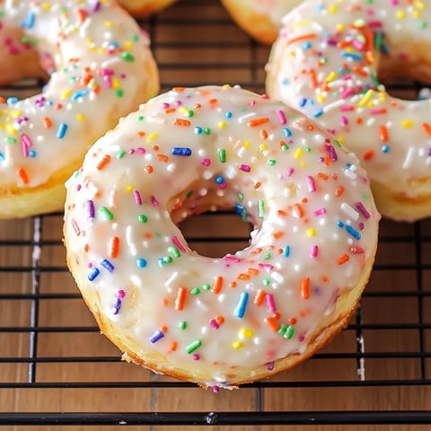 A donut with sprinkles on a cooling rack.