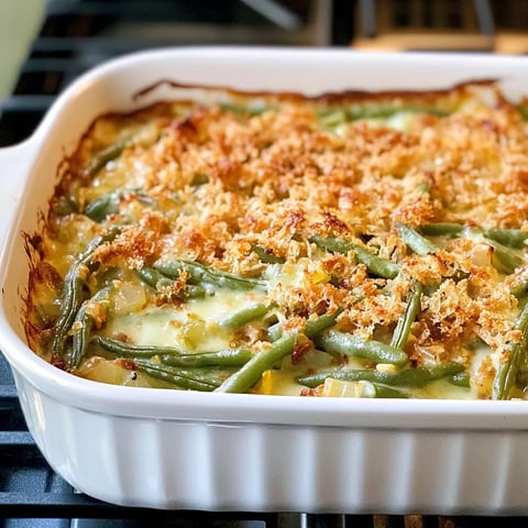 A white dish with a green bean casserole in it.
