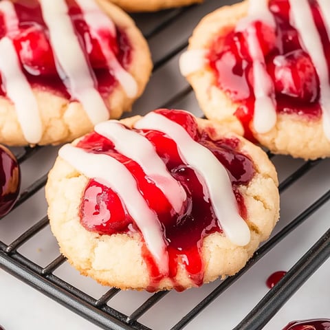 A cookie with white frosting and red jam.