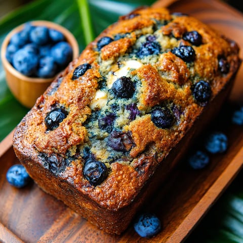A loaf of banana bread with blueberries on top.